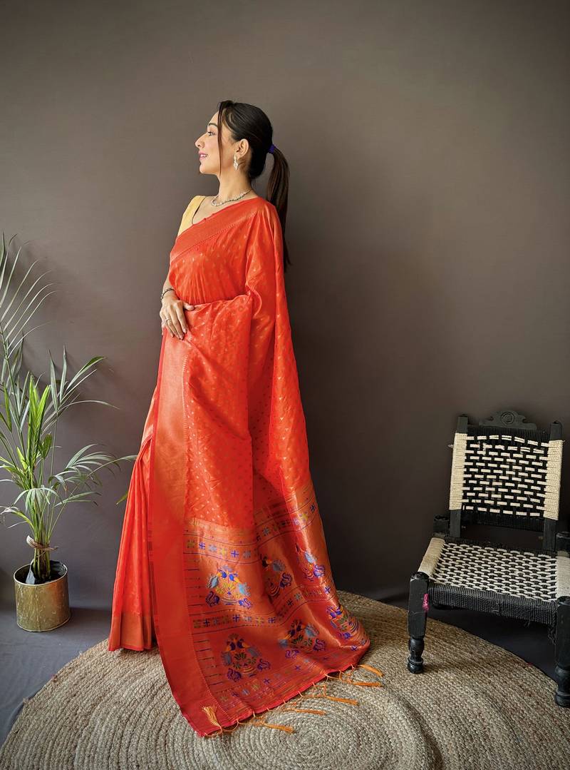 orange soft lichi silk blend jacquard butti zari weaving paithani saree
