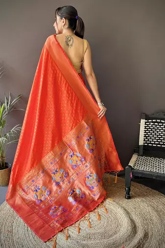 orange soft lichi silk blend jacquard butti zari weaving paithani saree