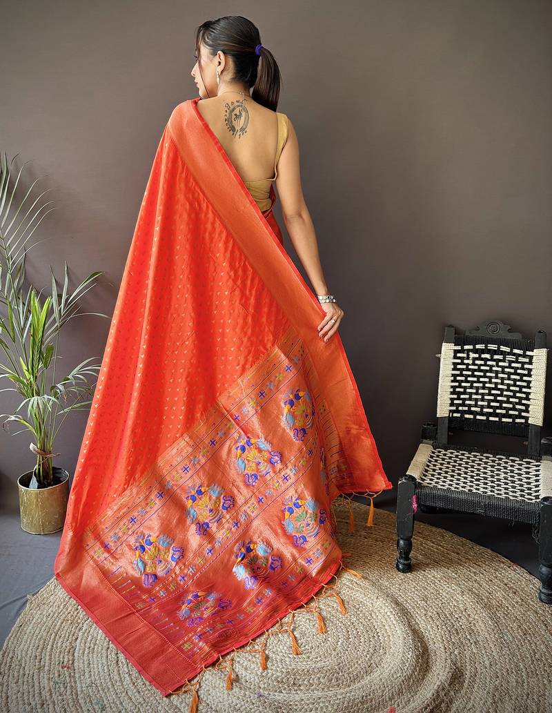 orange soft lichi silk blend jacquard butti zari weaving paithani saree