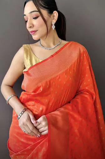 orange soft lichi silk blend jacquard butti zari weaving paithani saree