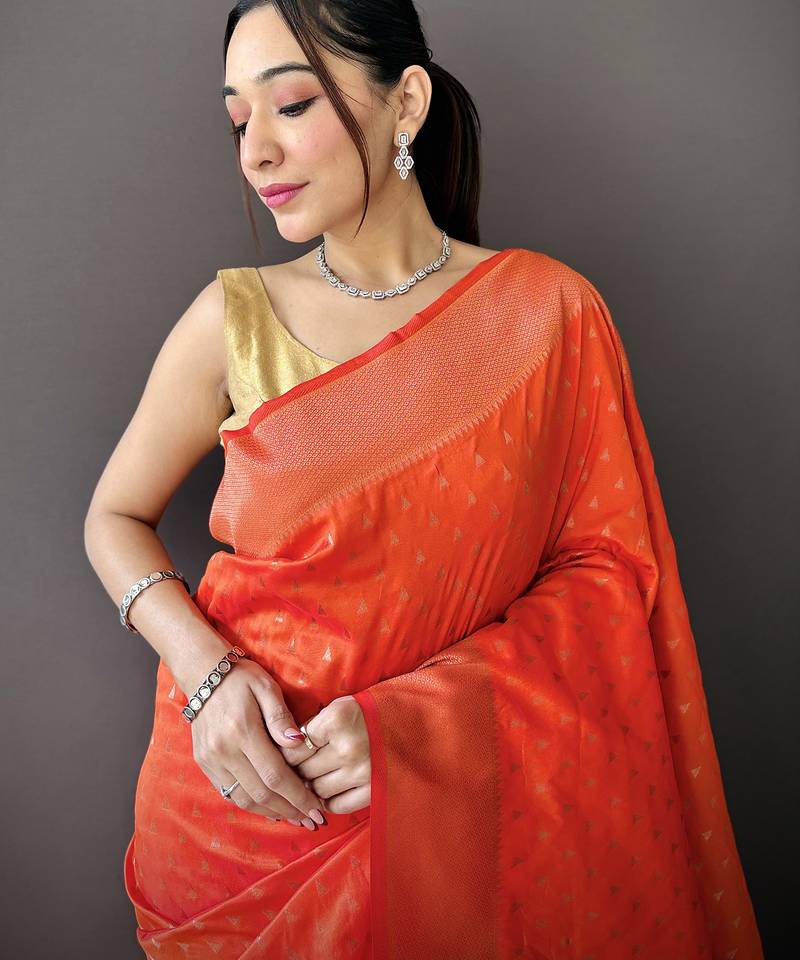orange soft lichi silk blend jacquard butti zari weaving paithani saree