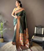 green soft lichi silk blend jacquard butti zari weaving paithani saree