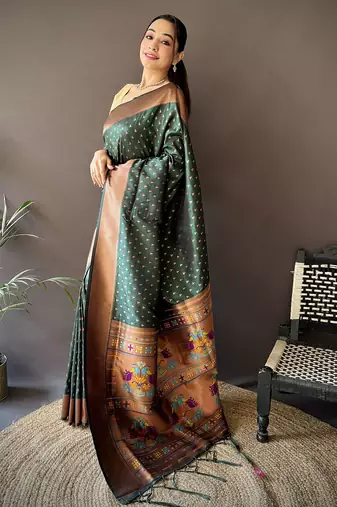 green soft lichi silk blend jacquard butti zari weaving paithani saree