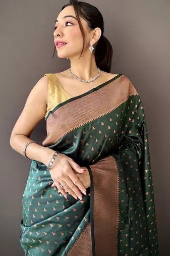 green soft lichi silk blend jacquard butti zari weaving paithani saree