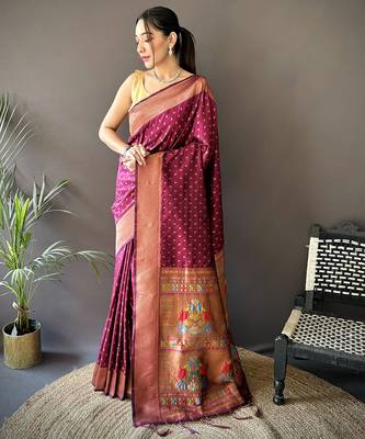 maroon soft lichi silk blend jacquard butti zari weaving paithani saree 1