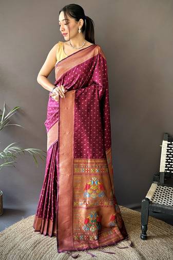 maroon soft lichi silk blend jacquard butti zari weaving paithani saree