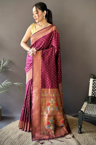 maroon soft lichi silk blend jacquard butti zari weaving paithani saree