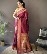 maroon soft lichi silk blend jacquard butti zari weaving paithani saree