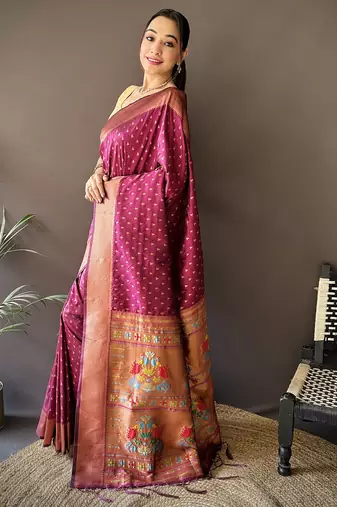 maroon soft lichi silk blend jacquard butti zari weaving paithani saree