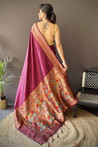 maroon soft lichi silk blend jacquard butti zari weaving paithani saree