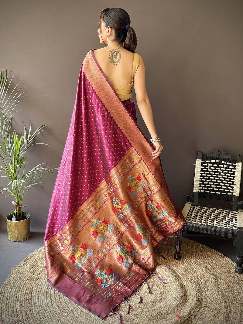 maroon soft lichi silk blend jacquard butti zari weaving paithani saree