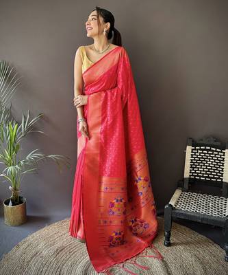hot pink soft lichi silk blend jacquard butti zari weaving paithani saree 1