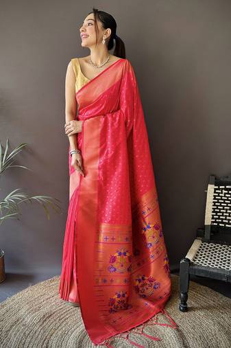 hot pink soft lichi silk blend jacquard butti zari weaving paithani saree