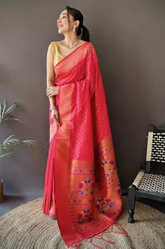 hot pink soft lichi silk blend jacquard butti zari weaving paithani saree