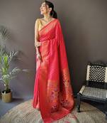 hot pink soft lichi silk blend jacquard butti zari weaving paithani saree