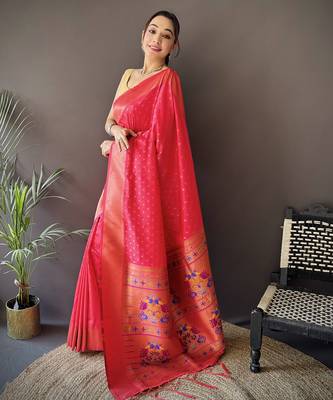 hot pink soft lichi silk blend jacquard butti zari weaving paithani saree 2