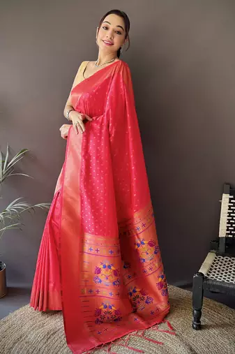 hot pink soft lichi silk blend jacquard butti zari weaving paithani saree
