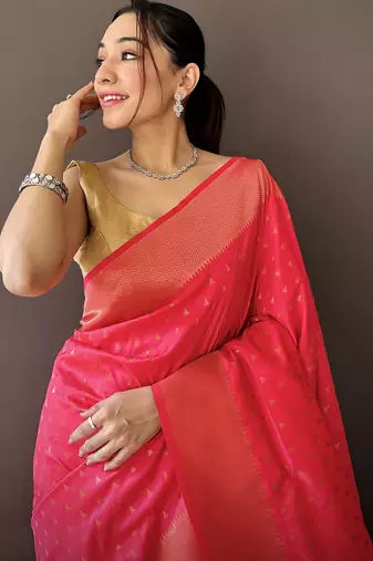 hot pink soft lichi silk blend jacquard butti zari weaving paithani saree