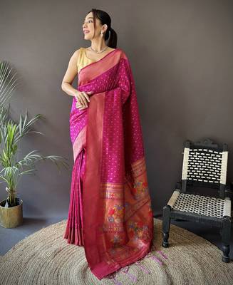 rani pink soft lichi silk blend jacquard butti zari weaving paithani saree 1
