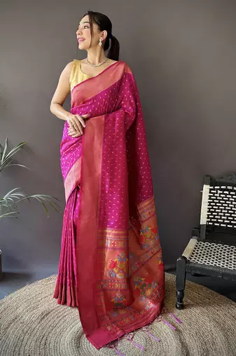 rani pink soft lichi silk blend jacquard butti zari weaving paithani saree