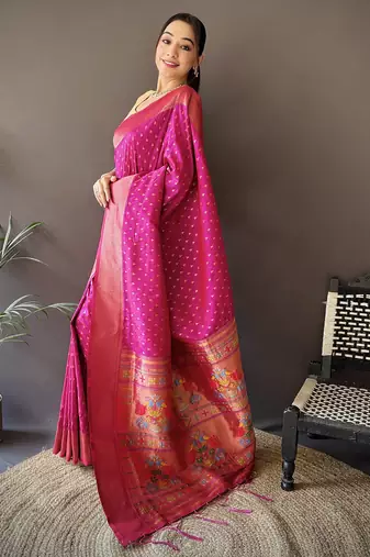 rani pink soft lichi silk blend jacquard butti zari weaving paithani saree