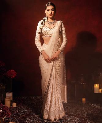 Ivory embroidered silk saree 1