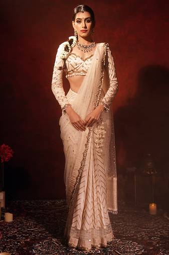 Ivory embroidered silk saree