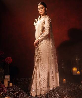 Ivory embroidered silk saree 2