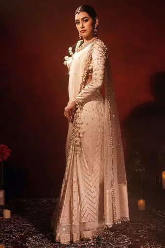 Ivory embroidered silk saree