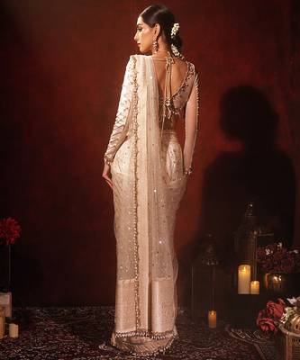 Ivory embroidered silk saree 3