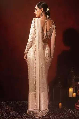 Ivory embroidered silk saree