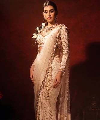 Ivory embroidered silk saree 4
