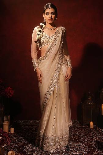 Ivory embroidered georgette saree