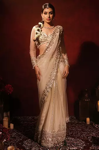 Ivory embroidered georgette saree