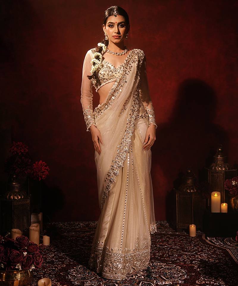 Ivory embroidered georgette saree