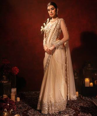 Ivory embroidered georgette saree 2