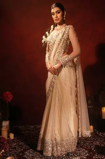 Ivory embroidered georgette saree