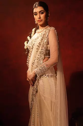 Ivory embroidered georgette saree