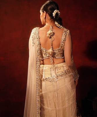 Ivory embroidered georgette saree 4