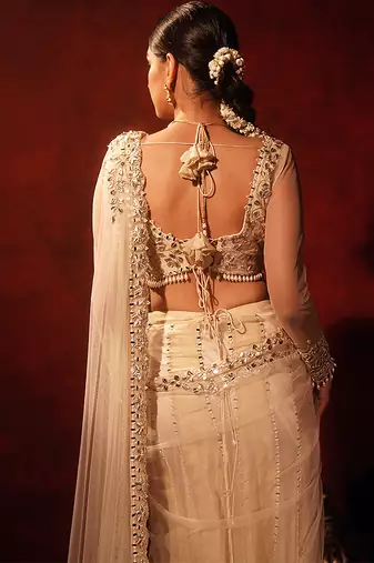 Ivory embroidered georgette saree