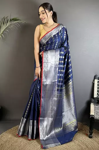navy blue soft silk blend checked zari woven kanjivaram saree