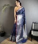 navy blue soft silk blend checked zari woven kanjivaram saree