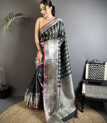 black soft silk blend checked zari woven kanjivaram saree