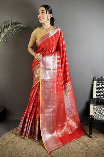 red soft silk blend checked zari woven kanjivaram saree