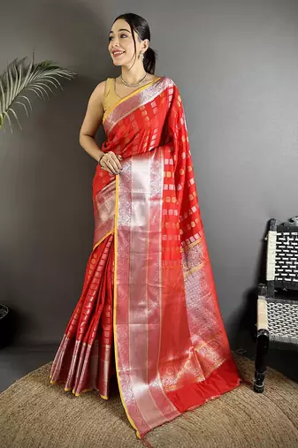 red soft silk blend checked zari woven kanjivaram saree