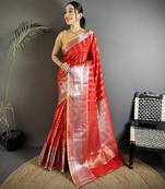 red soft silk blend checked zari woven kanjivaram saree