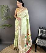 pista green soft silk blend peacock & floral zari motifs kanchipuram saree