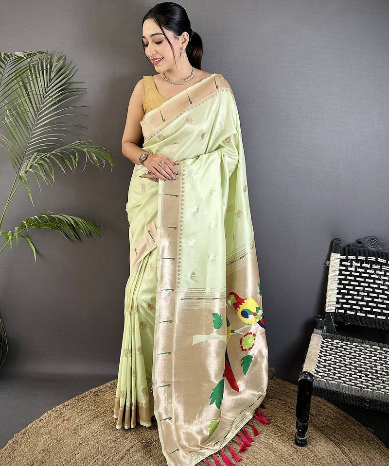pista green soft silk blend peacock & floral zari motifs kanchipuram saree