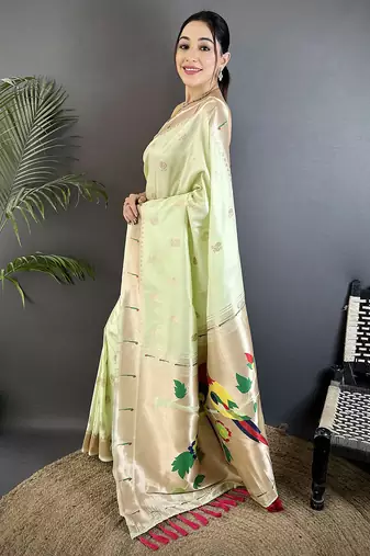 pista green soft silk blend peacock & floral zari motifs kanchipuram saree