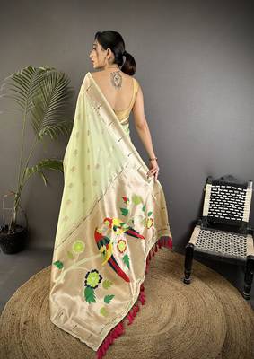 pista green soft silk blend peacock & floral zari motifs kanchipuram saree 3
